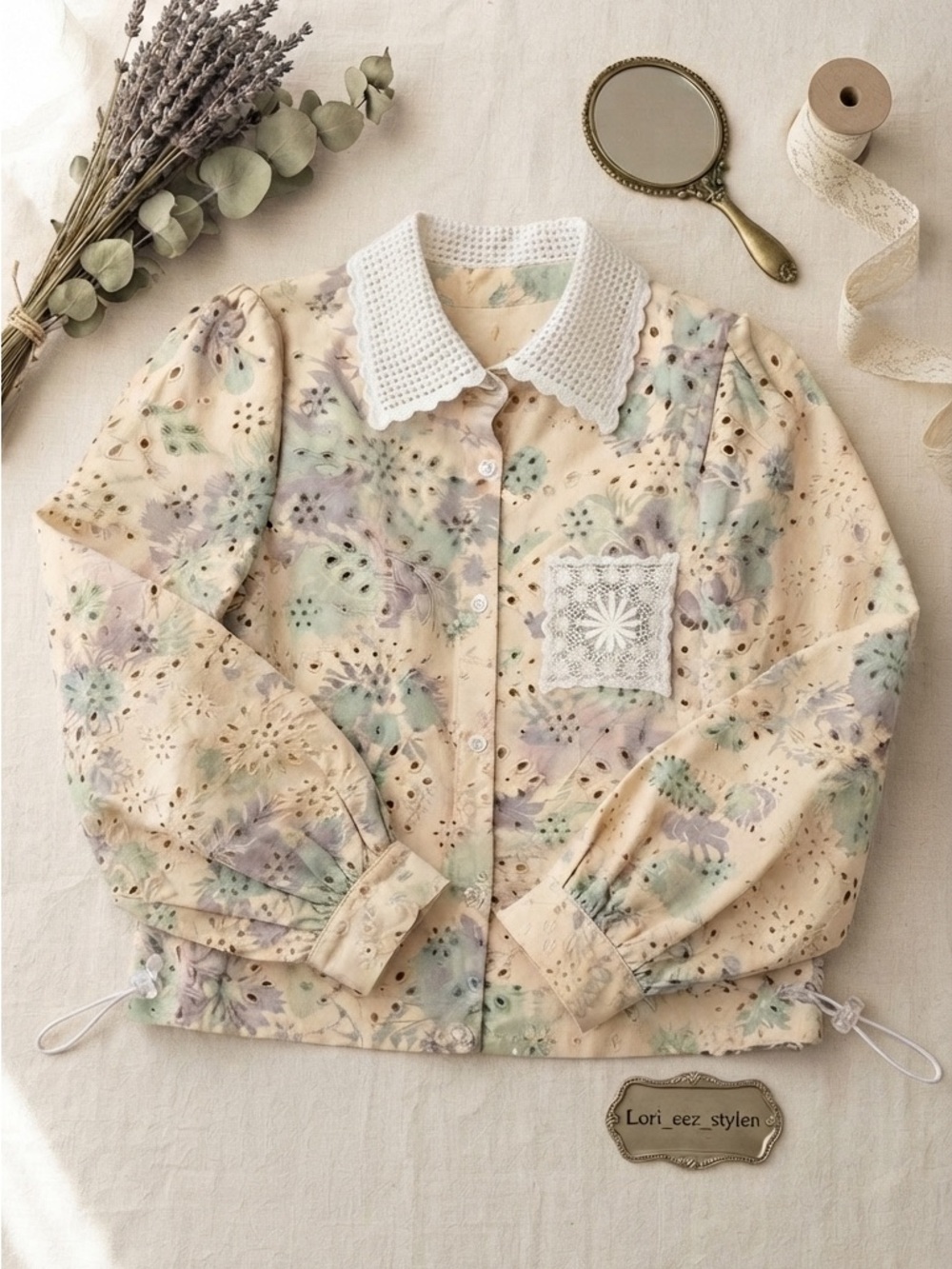 Chicwish Cream Floral Eyelet Button-Up Jacket with Crochet Collar